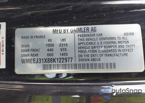 2008 Smart Fortwo Passion/Pure from USA, damaged, VIN WMEEJ31X88K122977